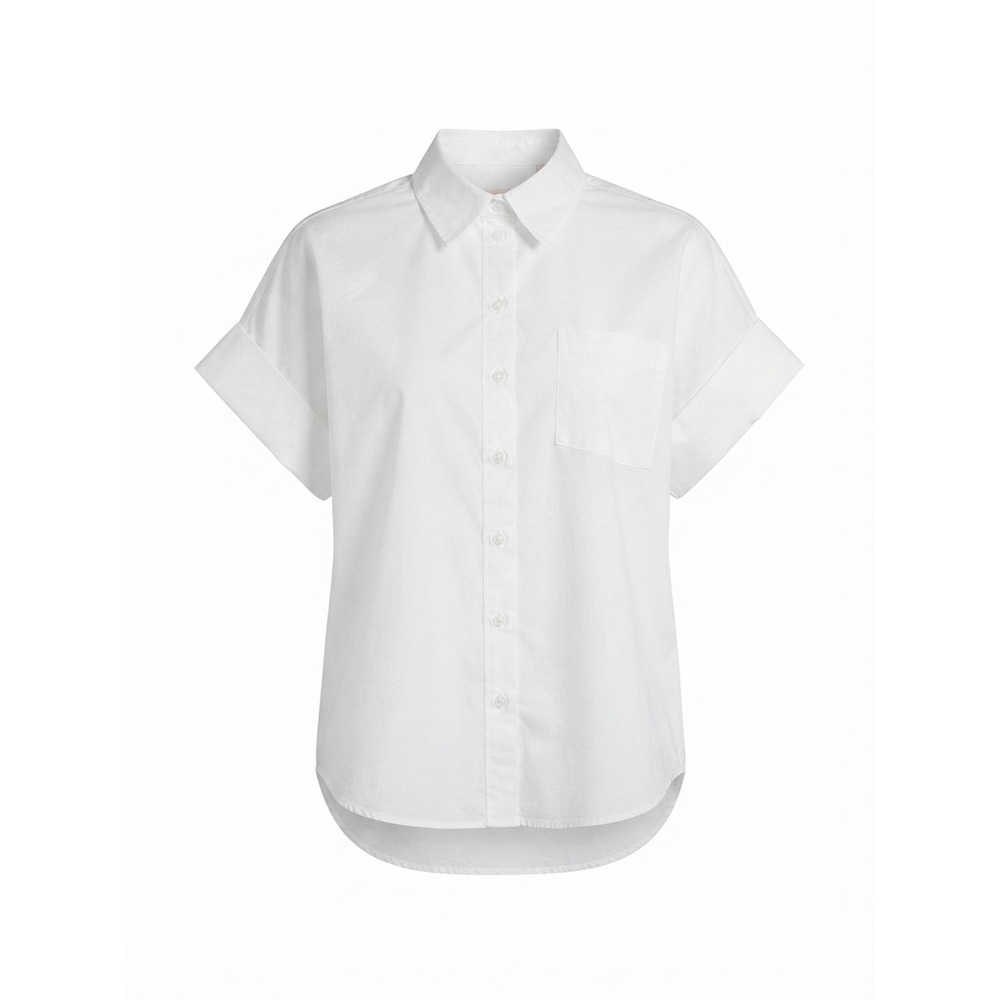 White Short Sleeve Button Down Shirt Blouse Cotton Blend Stretch A11- 095